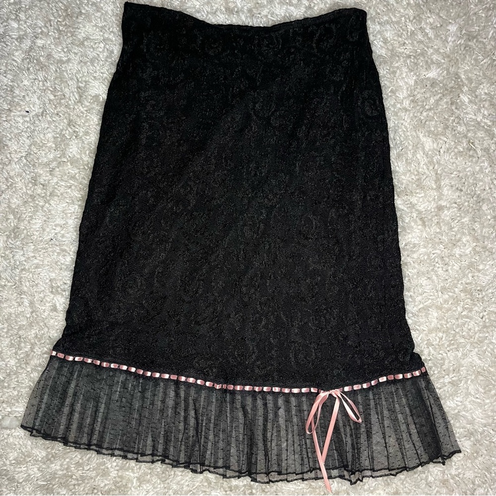 Vintage Betsey Johnson Black Lace Pencil Skirt with Pink Ribbon
